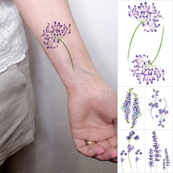 Transfer Wasserdicht Temporäre Tattoo Aufkleber Lavendel Blume Lila Pflanze Flash Tatto Frauen Männer Handgelenk Arm Körper Kunst Gefälschte Tato kid