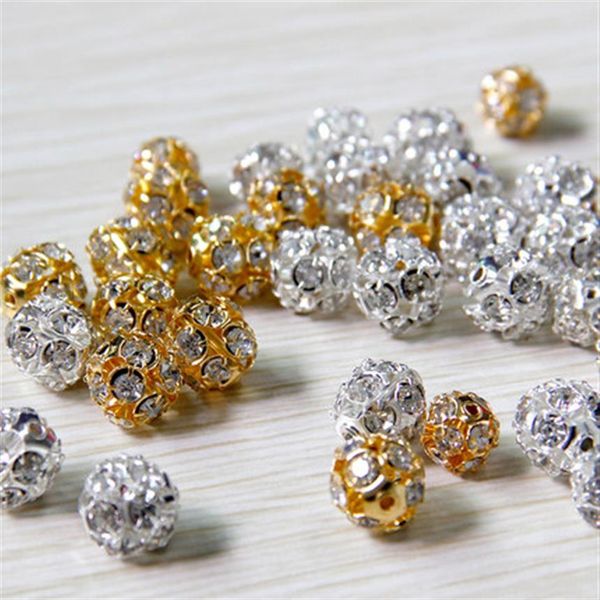 100 pz / lotto perline di cristallo in lega 8mm 10mm oro argento rotondo pavimenta perline sfera da discoteca strass perline di cristallo per gioielli fai da te Fi257W