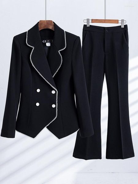 Calças femininas de duas peças elegantes de luxo designer de manga comprida terno feminino escritório formal conjunto de trabalho blazer jaqueta calças
