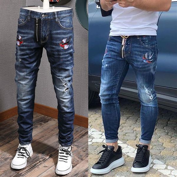 Cool Guy Biker Jeans Bleach Pintura envelhecida com remendo de pássaro Destaque danificado Calças de caubói justas masculinas2189