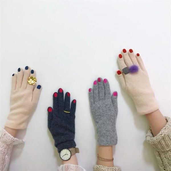 Cinco Dedos Luvas Mulheres Japonesas Engraçado Padrão de Unhas Bordado Inverno Quente Engrossar Lã Falsa Ciclismo Condução Luvas de Cor Sólida252j