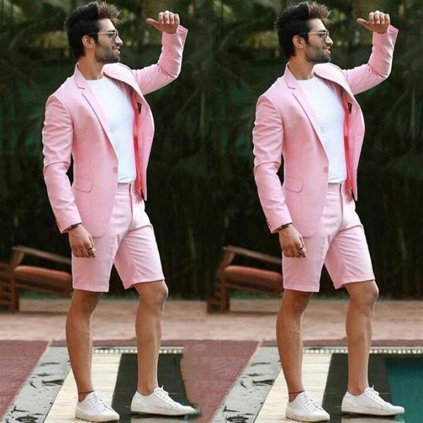 Calças curtas de verão de linho rosa ternos masculinos para casamento na praia ternos smoking noivo padrinhos blazers homem traje homme 2 peças zq227b