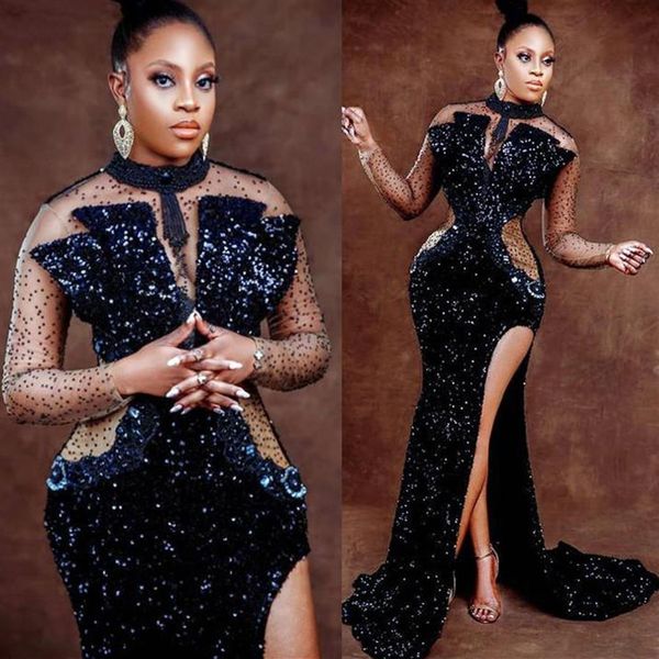 2022 Plus Size Arabo Aso Ebi Black Mermaid Abiti da ballo sexy Perline Alto Split Paillettes Sera Festa formale Secondo ricevimento Gow282W