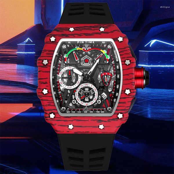 Нарученные часы Pintime Luxury Sport Men's Men's Watches Силиконовые ремешки полосатые гоночные циферблаты календарь модные кварцевые чарцы Календарь