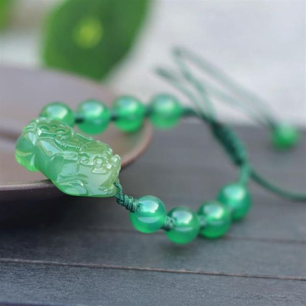 Pulseira de calcedônia verde natural esculpida com miçangas redondas Pixiu, pulseiras, presente para mulheres, joias de pedra de jade, fios com contas, 267 m