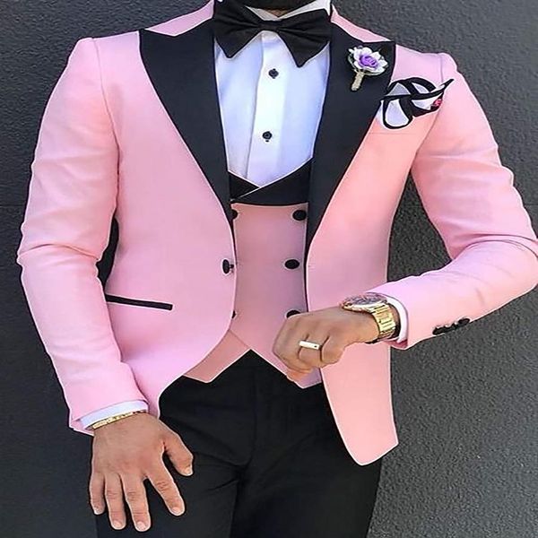 Terno masculino de casamento rosa ajuste fino blazer com lapela entalhada terno de baile formal com calça preta 3 peças ternos de padrinhos personalizados jaqueta V256u