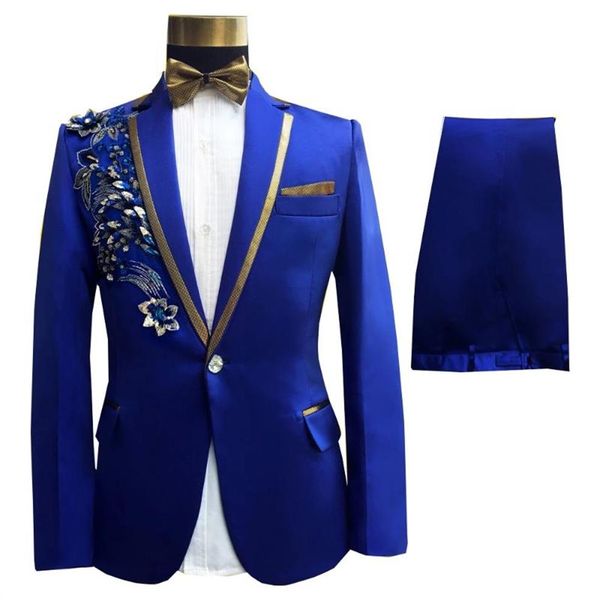 Pfau Pailletten Männer Anzüge Königsblau Kostüm Homme Smoking Für Hochzeit Bräutigam Bräutigam 2 Stücke Prom Slim Fit Blazer Jacke Hose Men2272