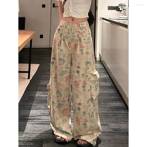 Damenhose Streetwear Punk Bedruckt Hohe Taille Lose Gerade Breites Bein Lange Hose 2023 Y2k Palazzo Hose Sommer Harajuku Casual Gothic