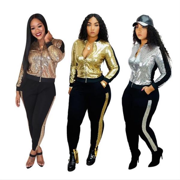 Vestido de duas peças Conjunto de 2 mulheres Terno de corrida Tops e calças com capuz Moda Grandes lantejoulas Jogging Femme Conjuntos Roupas Sweat Suits321v