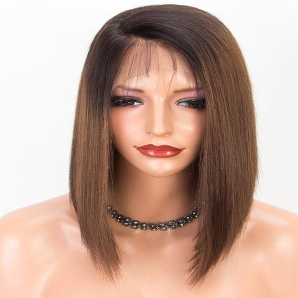 Dunkelbraune volle Spitze-Bob-Perücke, Echthaar-Perücken, gerade, kurz, jungfräuliches malaysisches Haar, leimlose Spitze-Front-Perücke, Ombre, zweifarbig, #1B #4249H