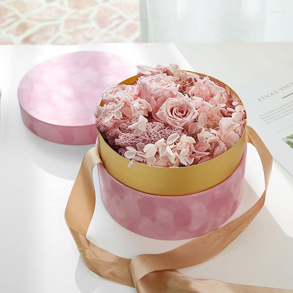 Confezione regalo Scatola per cappelli con fiori in velluto rotondo con fiocco e coperchio Scatole di lusso Disposizione bouquet di rose Sorpresa Floristica fai da te