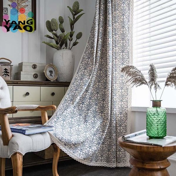 Vorhang Polyester Baumwolle Beige Weiß Vorhänge Grün Blau Blätter Blumendrucke Spitzenkanten Halbschattig Für Schlafzimmer Wohnzimmer