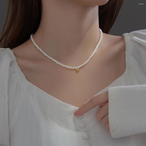 Catene 42cm Collana di perle per le donne sul collo Argento 925 Collane Ciondolo a fagiolo Ragazze Gioielli di moda Sintesi Perla Minimalista