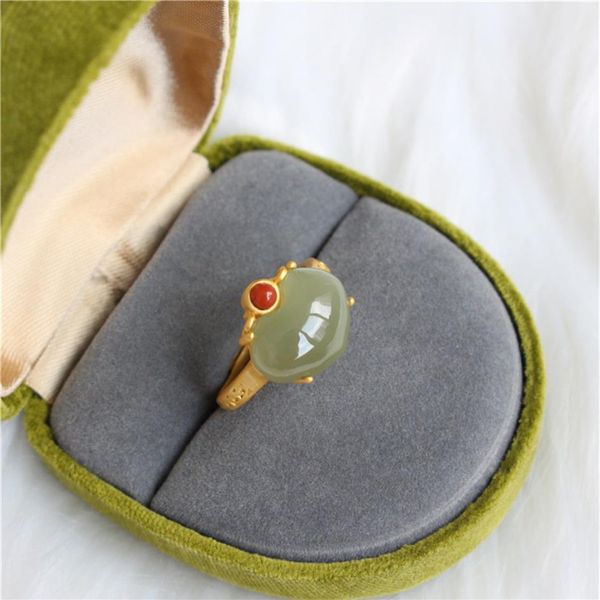 Человеческое время S925 Чистое серебряное золото персиковое сердце натуральное и зеленое нефритовое кольцо K3Y4253N