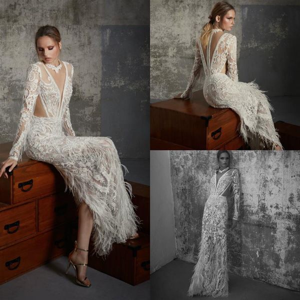 Abiti da sposa a sirena Lior Charchy Gioiello Collo indietro Spacco Appliques di pizzo Piuma Abiti da sposa di lusso Manica lunga Matrimonio da spiaggia Dr260P