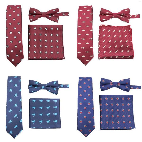 Conjunto de gravatas masculinas com design de gravata borboleta de desenho animado, bolso quadrado, moda, acessórios de borboleta, uso diário, festa de casamento, corte, presente para homem