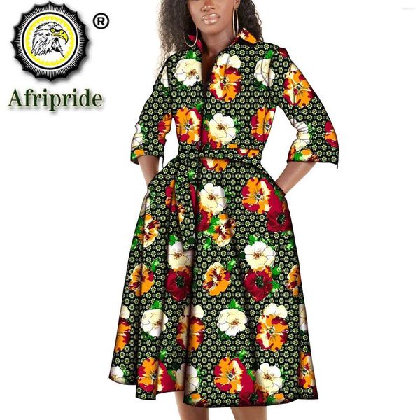 Roupas étnicas Vestidos estampados africanos para mulheres Vestido midi com cinto Plus Size roupas bolsos Cera Algodão Bazin Riche S2025068