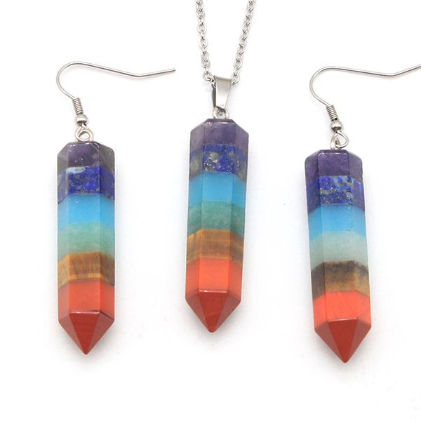 Set di orecchini con collana con ciondolo in pietra naturale a forma di proiettile di Chakra Set di gioielli con pietre preziose arcobaleno di cristallo curativo per le donne244C