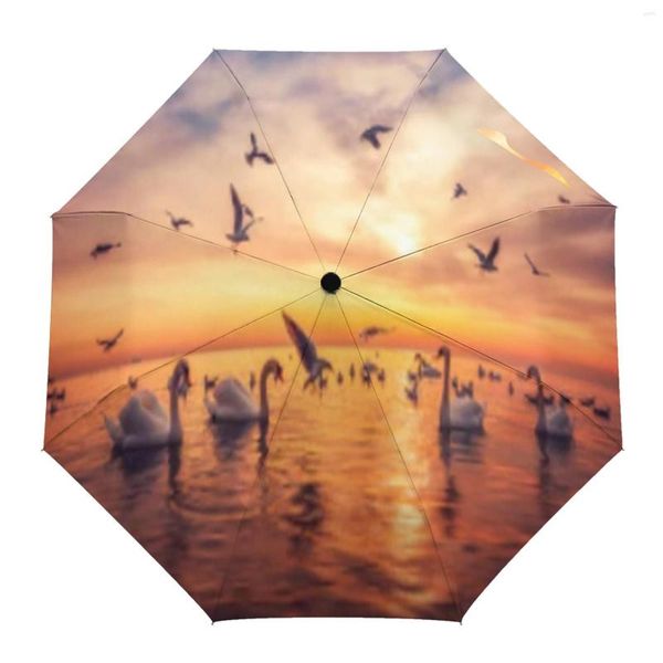 Guarda-chuvas Swan Bird Lake Sunset Guarda-chuva de chuva totalmente automático para mulheres, masculino, dobrável, impresso ao sol, oito fios