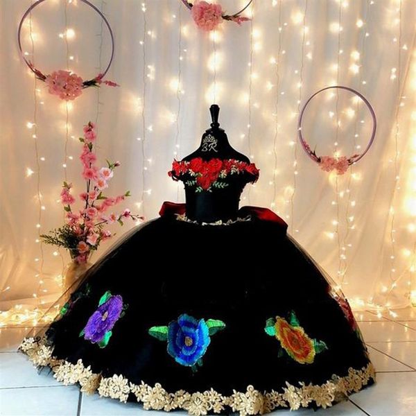 2022 Grandi fiori ricamati Mini abiti Quinceanera Bambine 3D Applique floreale Pealrs Pageant Dress Toddler Comunione Forma289Y