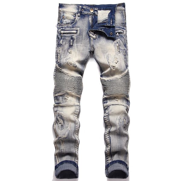 Jeans da motociclista da uomo retrò strappati pantaloni pieghettati elasticizzati slim fit moda cuciture casual streetwear taglia 28-42 abbigliamento da uomo quotidiano