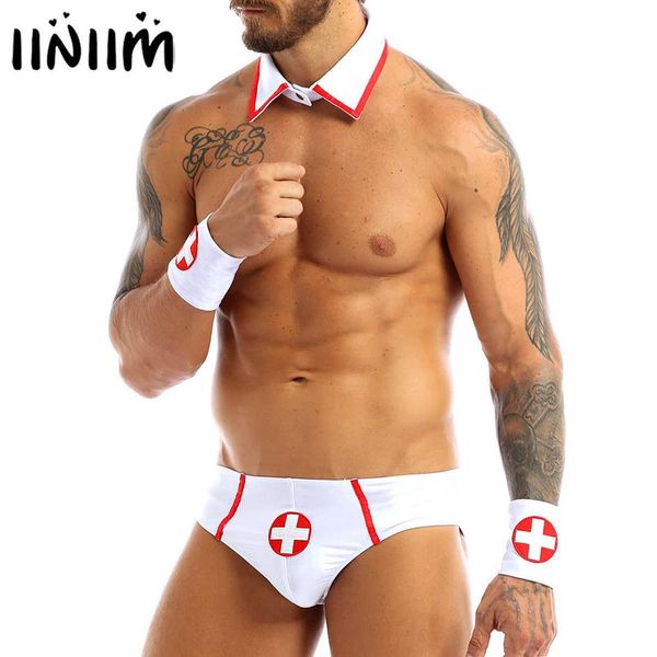 Herren-Dessous, Doktor, Krankenschwester, sexy Cosplay, Rollenspiel-Kostüme, Outfit-Set, ausgefallene Clubwear, Jockstraps-Slips mit Kragen und Manschette, 210616219v