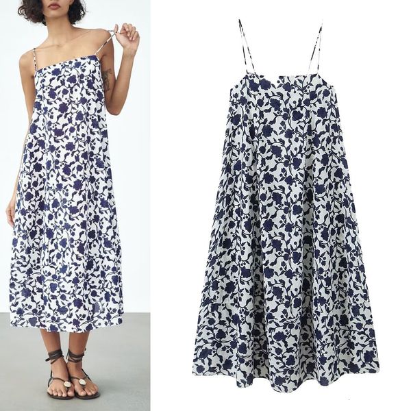 Vestidos casuais básicos feminino estilo ocidental vibrante vestido floral azul e branco porcelana suspensórios sem costas retrô impressão de algodão fino 230720