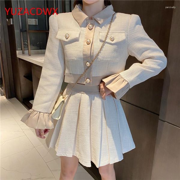 Vestidos de trabalho YUZACDWX outono coreano doce tweed conjunto de duas peças feminina jaqueta curta de lã casaco mini saia plissada feminino 2 roupas