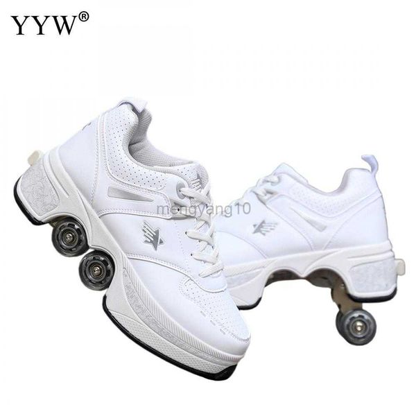Pattini a rotelle in linea Pu Leather Kids 4 Wheels Roller Skate Shoes Casual Deformation Parkour Sneakers Skates For Rounds Adult Of Running Scarpe sportive HKD230720