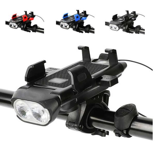 Auto Multi-funzione 4 in 1 Luce per bicicletta per bicicletta USB Ricaricabile LED Faro per bici Supporto per telefono Corno per bici Powerbank Ciclismo Light223y