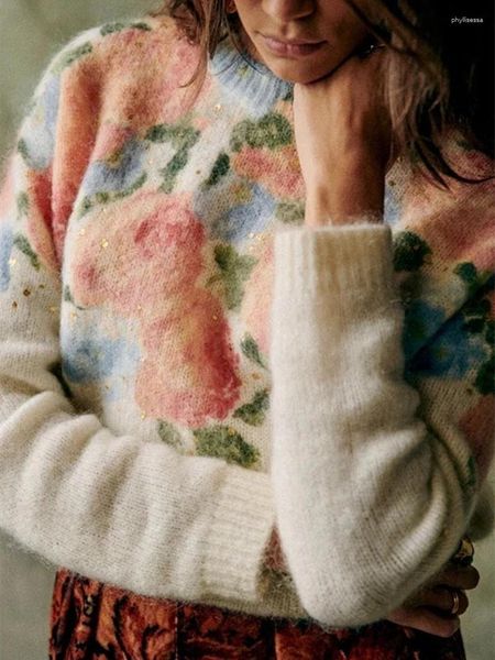 Kadın Sweaters Gold Pulins Sweater Vintage Floral Baskı Kadın O boyun boyunlu uzun kollu jumper yün ve tiftik karışımları Yumuşak Üst