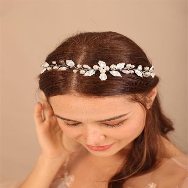 Başlıklar moda gümüş alaşım yaprağı inci düğün başlık bant moda gelinlik kadınlar için kadın saç aksesuarları el yapımı parti prom150