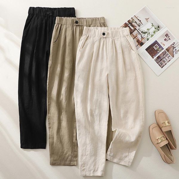 Frauen Hosen Casual Baumwolle Und Leinen Lose Damen Abgeschnitten Mit Taschen Sommer Mode Solide Mid-taille Frauen Pantalon 26881