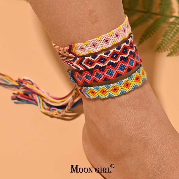Bohemian el yapımı halhal için kadınlar için renkli yaz moda bacak ayak zinciri istiflenebilir örgülü makrame mücevher moon kız tasarımı 230719