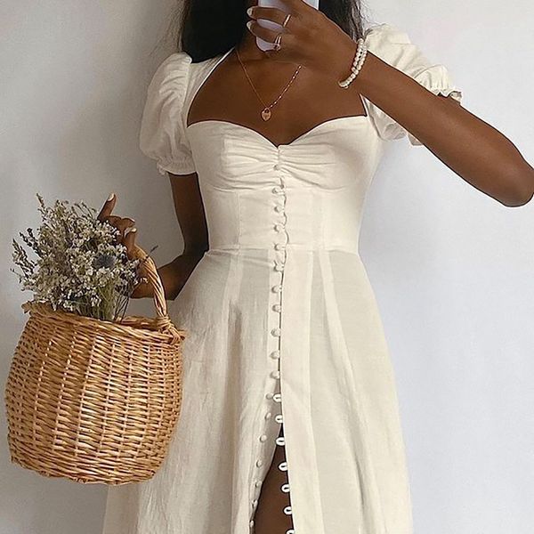 Vestidos casuais básicos francês boho botão branco fenda vestido midi para mulheres festa férias praia vestido casual verão leiteira férias manga bufante DR0007 230719