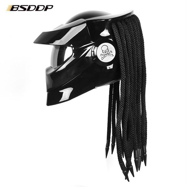 Capacete de motocicleta de fibra de vidro Predator Full Face Iron Warrior Man exclusivo e elegante flip up Helmet moto com holofotes LED 214A