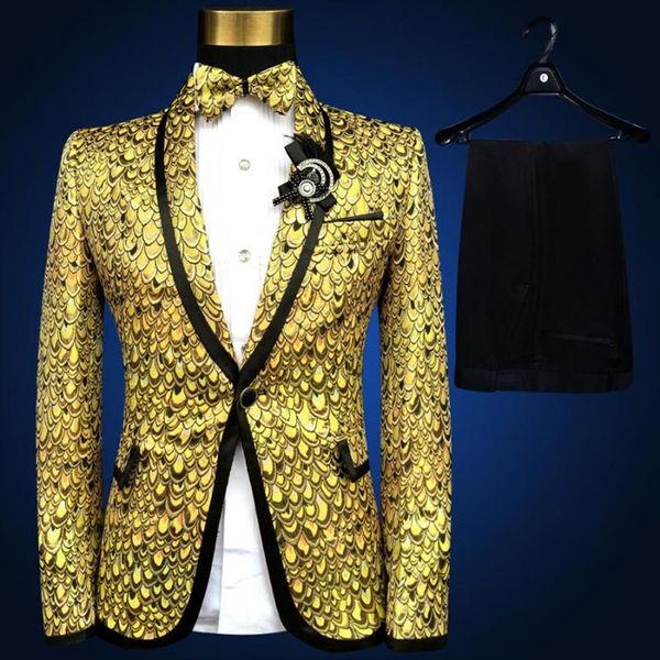 Ternos Masculinos Blazers Marca Moda Masculina Ouro Prata Amarelo Blazer Magro Terno Noivo Masculino Noivo Cantor Cantor Baile De Formatura284Y