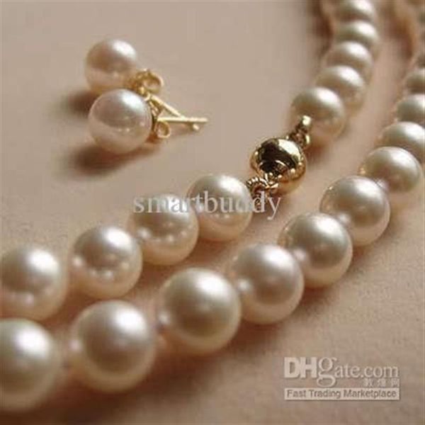 Echte feine natürliche 18 Zoll 8–9 mm weiße Akoya-Perlen-Halskette mit Ohrring-Set 14k298N
