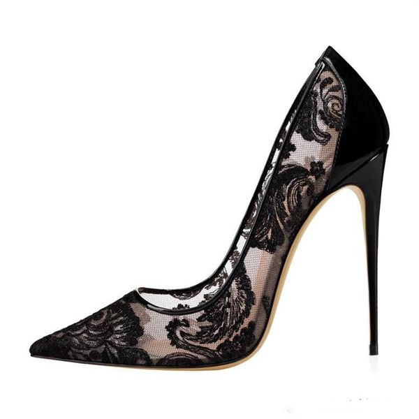 2019 schwarze Spitze High Heel Eden Heel Hochzeitsschuhe für Braut Stilettos rote Unterseite Frauen Designer Heels spitze Zehen 12 cm Braut Sho186W