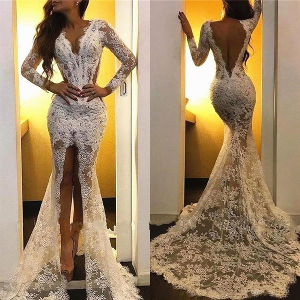 Abito da sposa in pizzo illusione stile sexy profondo aperto indietro scollo a V abiti da sposa a sirena a fessura alta 2020 moda moderna taglia personalizzata310r