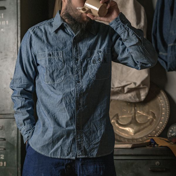 Camicie casual da uomo Bronson USN Camicia da lavoro in chambray con cimosa Navale manica lunga Utility Blue 230719
