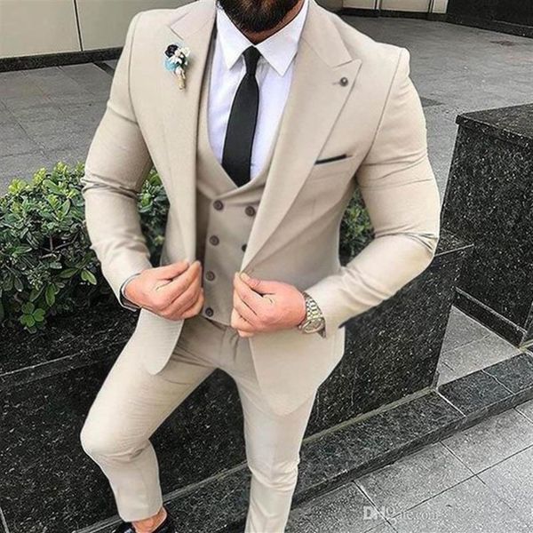 Begie Slim Fit Düğün Erkek Takım Son Ceket Pantolon Tasarım Prom 3 Parça Ceket Pantolon Yelek Kravat Damat Smokin Men Suit305y