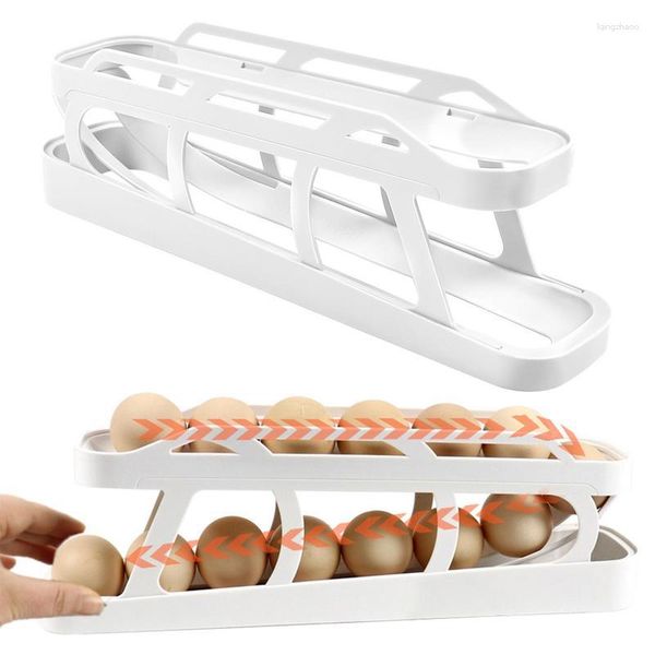 Bottiglie di stoccaggio Dispenser per uova Portarotolo automatico a 2 livelli Scatola per rack Contenitore per controsoffitto Organizer per frigorifero da cucina
