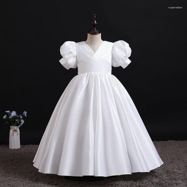 Vestidos de menina HYGLJL Elegance Flor Bolha Manga Cetim Vestido de noite Casamento Laço Aniversário Piano sofisticado Tocar Vestido de princesa