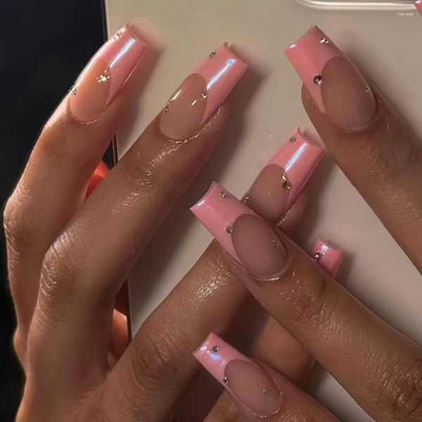 Unghie finte 24 pezzi rosa balletto lungo francese con perla decorazione strass design indossabile stampa su punte per unghie finte in acrilico