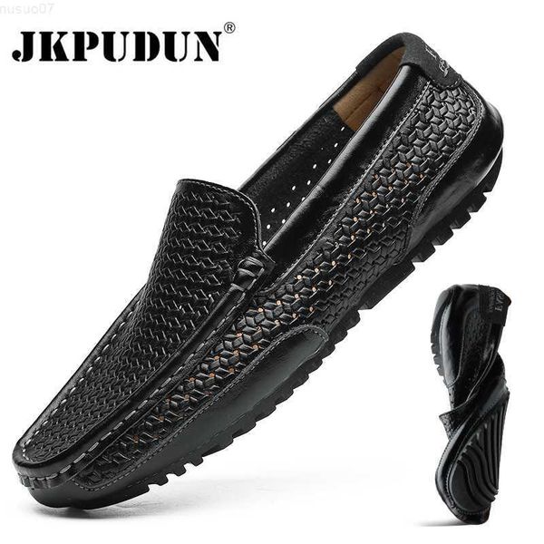 Sapatos sociais de verão sapatos masculinos casuais de luxo marca de couro genuíno mocassins italiano respirável deslizamento em sapatos de barco preto JKPUDUN L230720