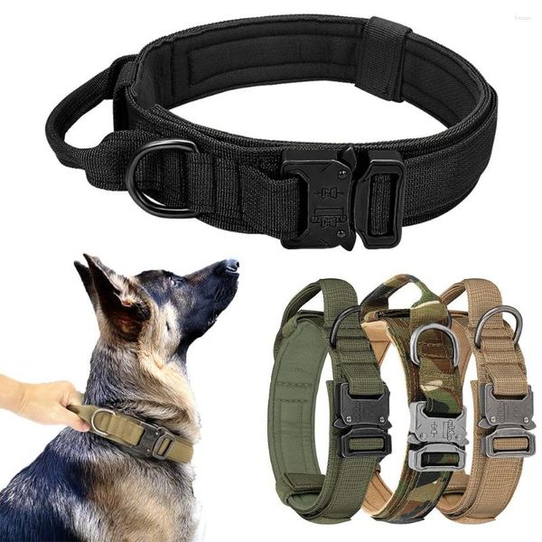 Coleiras para cães coleira pesada tática ajustável de nylon para treinamento militar com alça de controle e fivela de metal