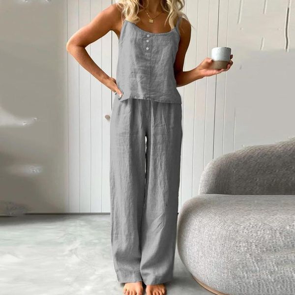 Damen Zweiteilige Hosen 2023 Casual Plain Baumwolle Leinen Frauen Anzug Sexy Knopf Hosenträger Top Pyjama Set Sommer Vintage Homewear Outfits