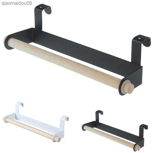 Toalheiro de madeira Rack Bar Armário de cozinha Película aderente Pano Suporte para pendurar Organizador Rolo higiênico Prateleira de armazenamento Rack de armazenamento L230704