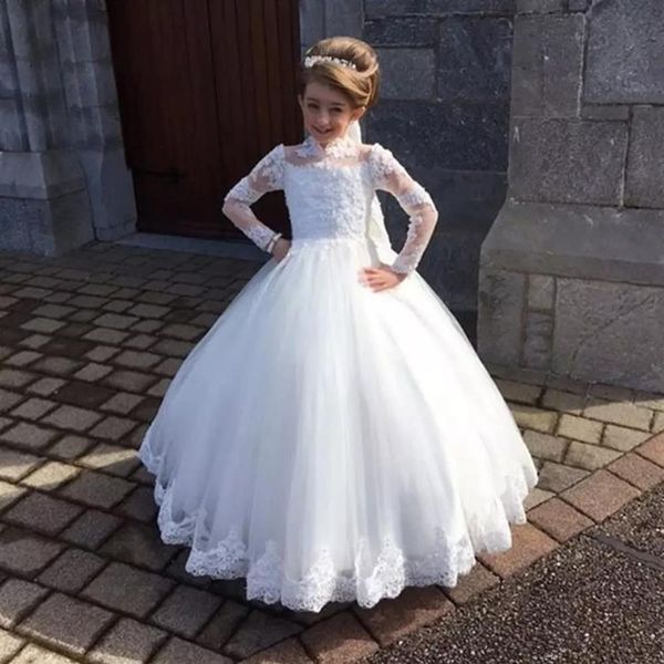 Stilvolles weißes Blumenmädchenkleid für Hochzeit, Party, Stehkragen, Taufkleid, Tüll, volle Ärmel, Applikationen, für Kinder, Kommunionkleid234F